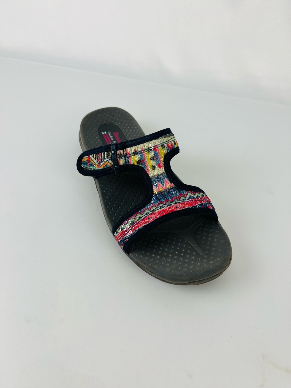Skechers Reggae Outdoor Lifestyle Sew Me Slide Sandals Gray Navy Multi-Color Sz8
